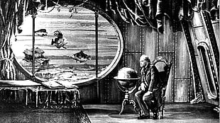man sitting on chair sketch, Jules Verne, fantasy art, The Fabulous World of Jules Verne, movies HD wallpaper