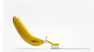 banana-themed toothpaste tube bottle and white toothbrush, humor, minimalism, bananas, toothbrush HD wallpaper