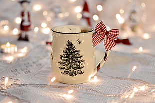 white and black pine tree print ceramic mug