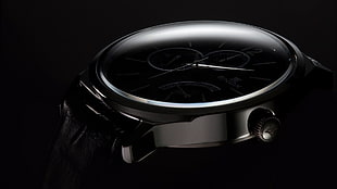 close photo of round silver-colored chronograph watch with leather strap HD wallpaper