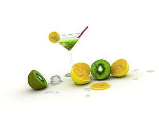 sliced kiwi and lemon with margarita\ glass filled with green liquid HD wallpaper