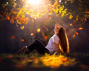 leaves, sunlight, women outdoors, women