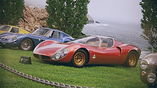 red Alfa Romeo 33 Stradale, car, Ferrari 250, Alfa Romeo, grass HD wallpaper