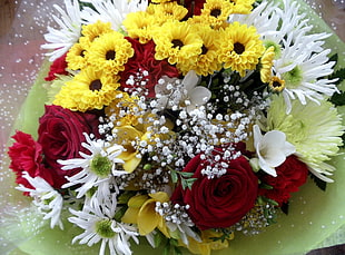 bouquet of white , yellow , and red flowers HD wallpaper