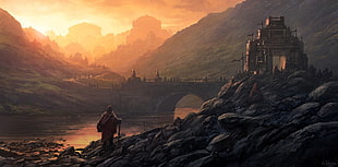 man standing near brown castle wallpaper, fantasy art, landscape, artwork, Andreas Rocha HD wallpaper