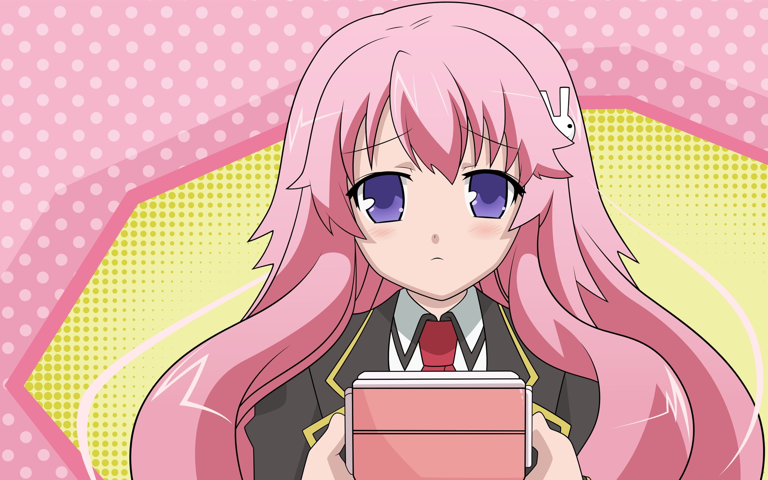 female anime character with pink hair and purple eyes carrying a pink box