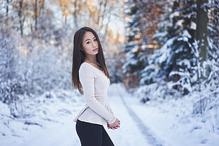 women's white long-sleeved shirt, women, model, long hair, women outdoors