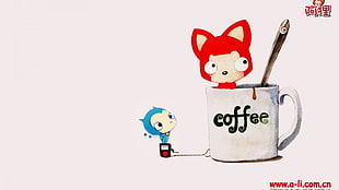 two white and blue cat illustration, coffee, artwork, cup, anime HD wallpaper