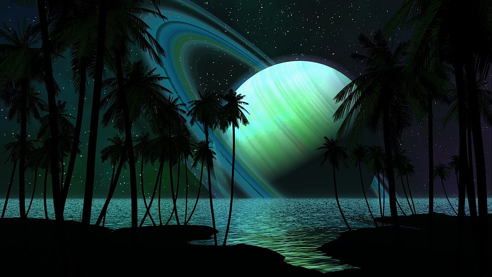 saturn planet across the ocean during nighttime HD wallpaper