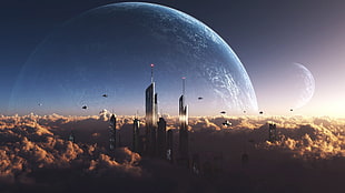 aerial photo of building, space, city, planet, spaceship
