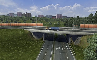 gray concrete bridge, video games, Euro Truck Simulator 2, trucks, highway HD wallpaper