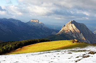 landscape photo of green fields across mountain range during cloudy day