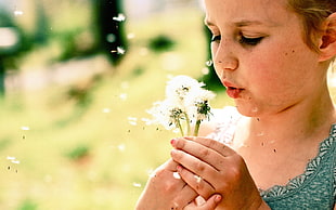 girl wearing green top blowing white dandelion flowers HD wallpaper