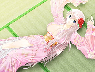 white haired female anime character wearing pink dress lying on straw bed HD wallpaper