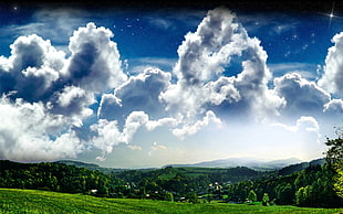 green grassland, landscape, nature, sky, digital art HD wallpaper