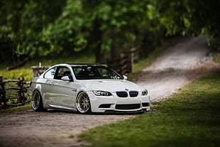 white BMW M4, BMW E92, nature, Stance