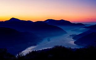 body of water and mountain, forest, water