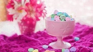 pink cup filled with marshmallows HD wallpaper