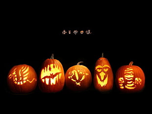 five assorted Jack'o lanterns HD wallpaper