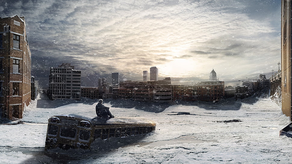 man sitting on bus poster, S.T.A.L.K.E.R., winter, desolation, snow HD wallpaper