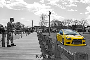 yellow Mitsubishi sedan, car, yellow cars, selective coloring, Mitsubishi Lancer Evo X HD wallpaper