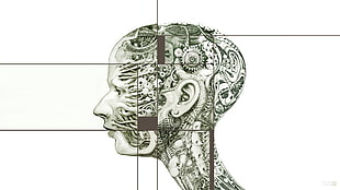 human head with gear illustration, abstract, face, clockworks HD wallpaper