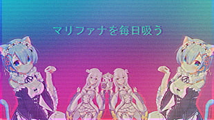 blue haired female anime character, vaporwave, glitch art, photo manipulation, anime girls