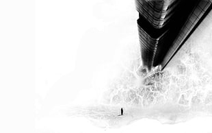 man standing in front of glass building illustration, monochrome, abstract, digital art, white background HD wallpaper