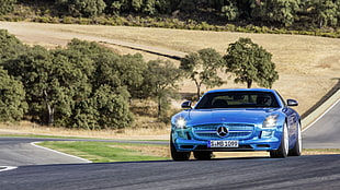 blue Mercedes-Benz sports coupe, Mercedes SLS, car, Mercedes-Benz, blue cars HD wallpaper