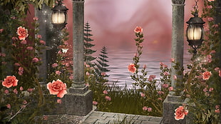 red Rose flowers near body of water illustration HD wallpaper