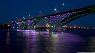 green and purple bridge, Ontario, Peace Bridge, night, water HD wallpaper