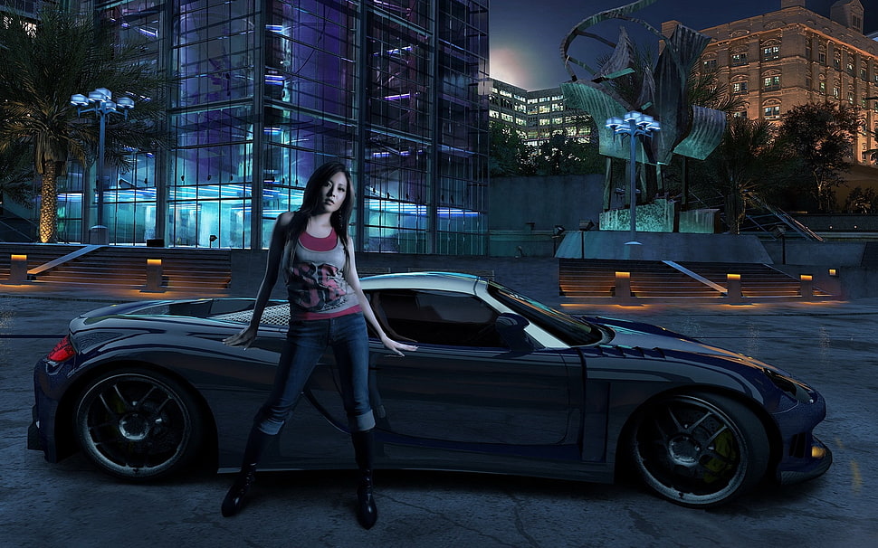 girl standing beside gray sports coupe at nighttime HD wallpaper