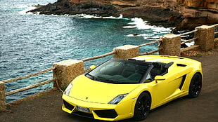 yellow and black Honda Civic sedan, Lamborghini Gallardo, coast, yellow cars, vehicle