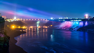 brown concrete bridge, Niagara Falls, waterfall, river, lights HD wallpaper
