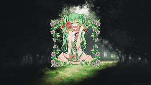 green hair female anime character, anime, Hatsune Miku, flowers, picture-in-picture HD wallpaper