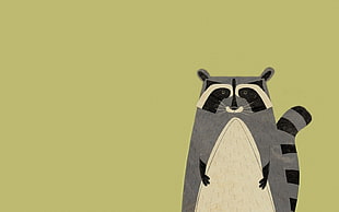 gray, white and black raccoon illustration with green background