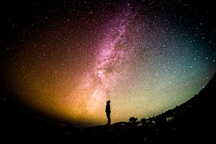 silhouette of person looking up at starry night HD wallpaper