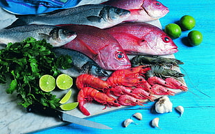 assorted seafood on blue table with sliced lime and garlic HD wallpaper
