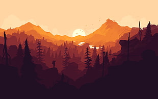silhouette man on cliff painting, Firewatch, mountains, forest, video games HD wallpaper