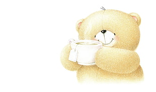 brown bear holding white tea cup illustration HD wallpaper