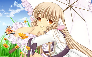female Anime character holding umbrella in front of butterfly perched on grass