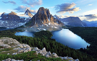 brown mountain range, mountains, lake, forest, nature HD wallpaper