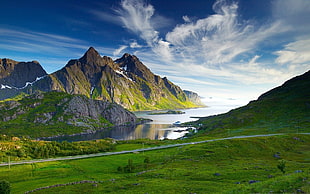 green plain field, nature, landscape, mountains, lake