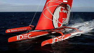 red and white catamaran boat, Trimaran, sea, Race Boats, vehicle HD wallpaper