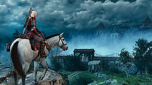 man riding white horse on cliff painting, The Witcher, The Witcher 3: Wild Hunt, Geralt of Rivia, DLC HD wallpaper