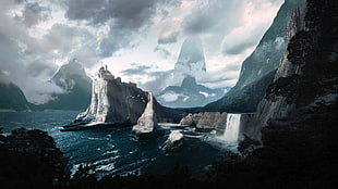 mountain cliff near sea, digital art, landscape, fantasy art HD wallpaper
