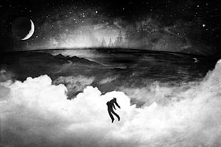 silhouette of person on the sky painting, Dreamworld, dark, Moon, stars HD wallpaper