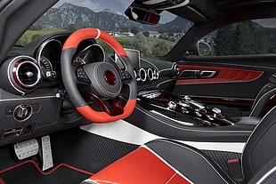 grey and red vehicle steering wheel HD wallpaper