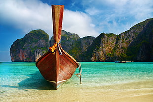 white boat, beach, boat, rock HD wallpaper