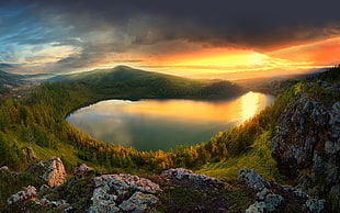 body of water wallpaper, nature, landscape, sunset, lake